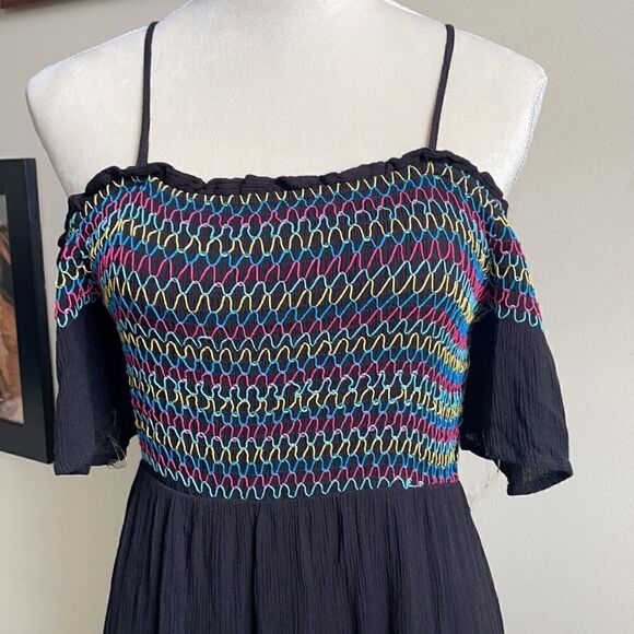 Savanna Jane Boho Black Cold Shoulder Maxi Dress w/Multicolor Designs (Size: Med - Picture 9 of 12